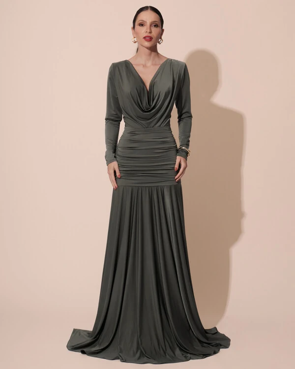 Vestido de Festa Longo Malha Degagê Drapeado Manga Longa Verde Oliva