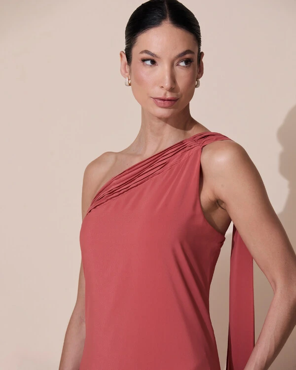 Vestido de Festa Longo Crepe Chiffon Um Ombro Só Drapeado Terracota