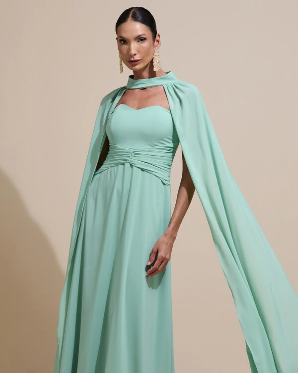 Vestido de Festa Longo Tomara Que Caia Crepe Chiffon Drapeado Capa Verde Menta