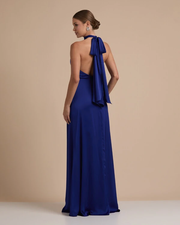 Vestido de Festa Gola Alta com Decote nas Costas Acetinado Azul Royal New