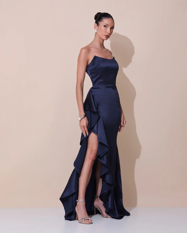 Vestido de Festa Longo Tomara que Caia Cetim Babado Fenda Azul Marinho Escuro