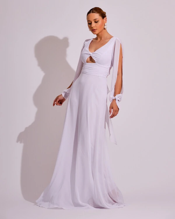 Vestido de Festa Longo com Mangas Longas Cintura Drapeada Branco