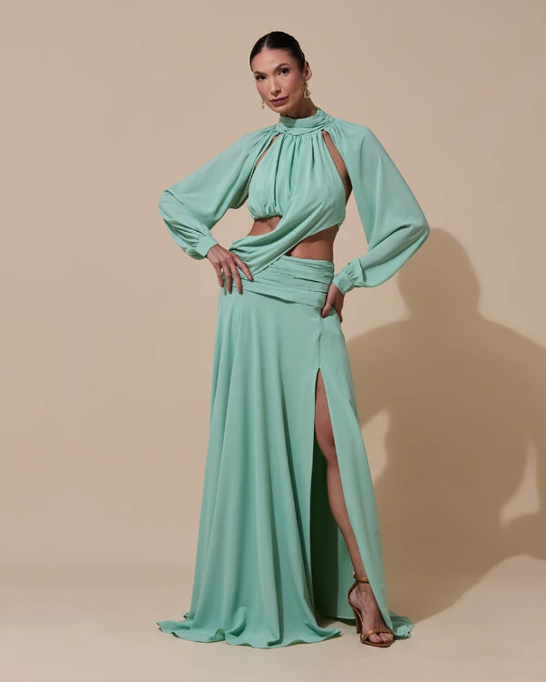 Vestido de Festa Longo Gola Alta Crepe Chiffon Recortes Drapeado Manga Longa Fenda Verde Menta