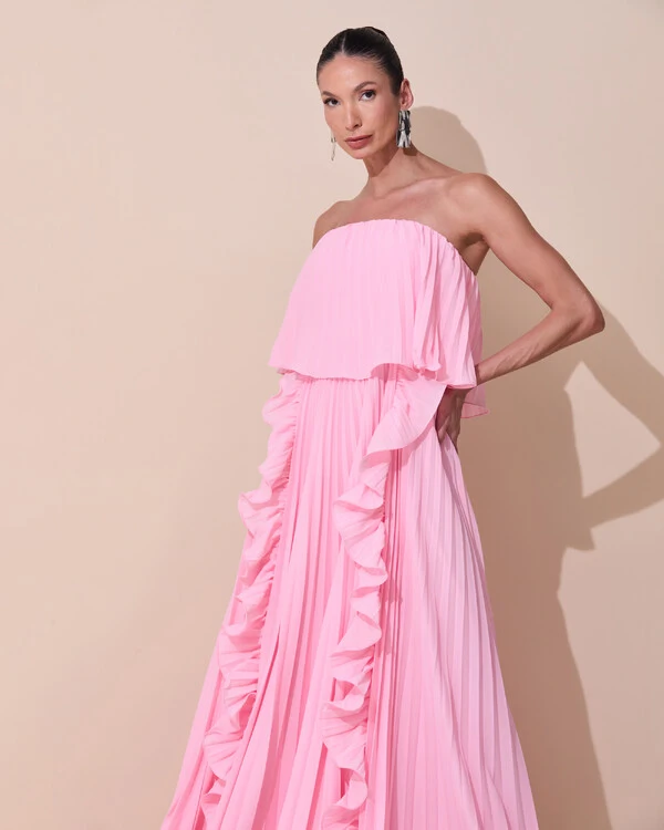 Vestido de Festa Longo Crepe Chiffon Tomara que Caia Plissado com Babado Cascata Rosa Claro
