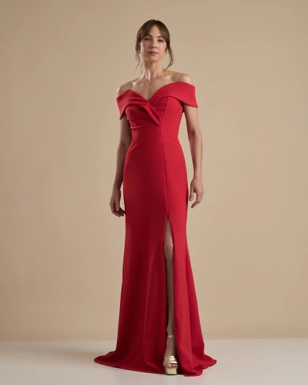 Vestido de Festa Longo Alfaiataria Ombro a Ombro com Fenda Vermelho