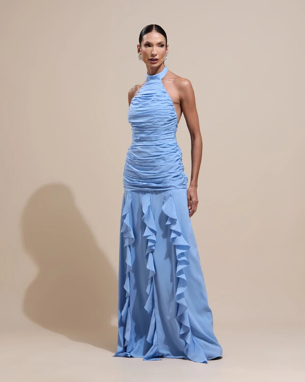 Vestido de Festa Longo Frente Única Crepe Chiffon Drapeado Babados Cascata Serenity