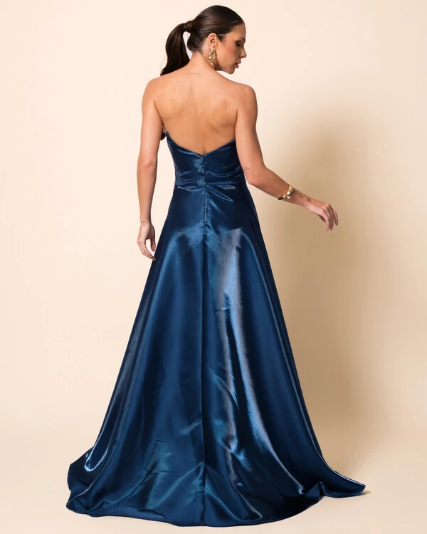 Vestido de Festa Longo Cetim Cristal Tomara que Caia Drapeado Verde Escuro