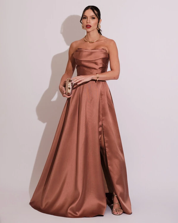 Vestido de Festa Longo Tomara que Caia Trançado Costa em Zibeline Mocha Mousse