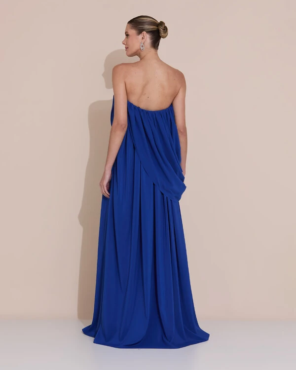 Vestido de Festa Longo Tomara Que Caia Crepe Chiffon Drapeado Azul Royal