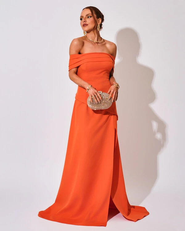 Vestido de Festa Longo Alfaiataria Ombro a Ombro Drapeado com Fenda Laranja