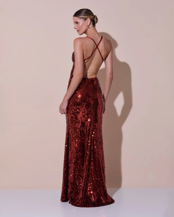 Vestido de Festa Longo Decote V Paetê Alças Finas Saia Sereia Terracota