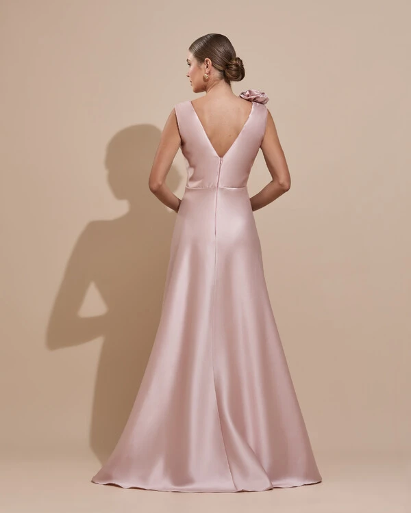 Vestido de Festa longo Zibeline Decote em V com Flores Removivel Rose Nude