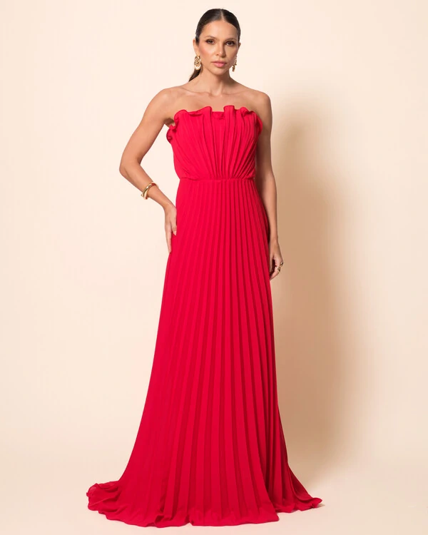 Vestido de Festa Longo Tomara que Caia Plissado Detalhe Vermelho