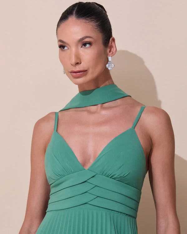 Vestido de Festa Longo Plissado Crepe Chiffon com Alça e Lenço Verde Matcha Escuro