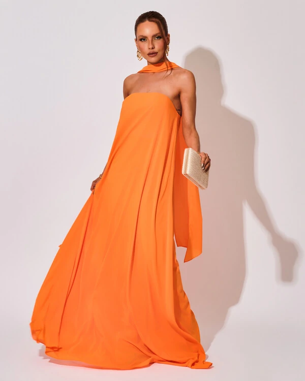 Vestido de Festa Longo Crepe Tomara que Caia com Lenço Laranja
