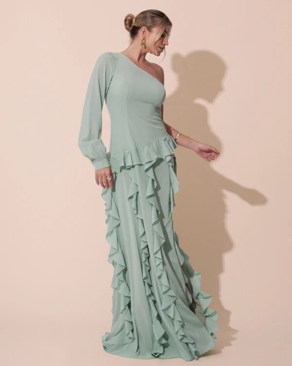Vestido de Festa Longo Crepe Um Ombro Só Manga Longa e Babados Cascata Fenda Verde Menta