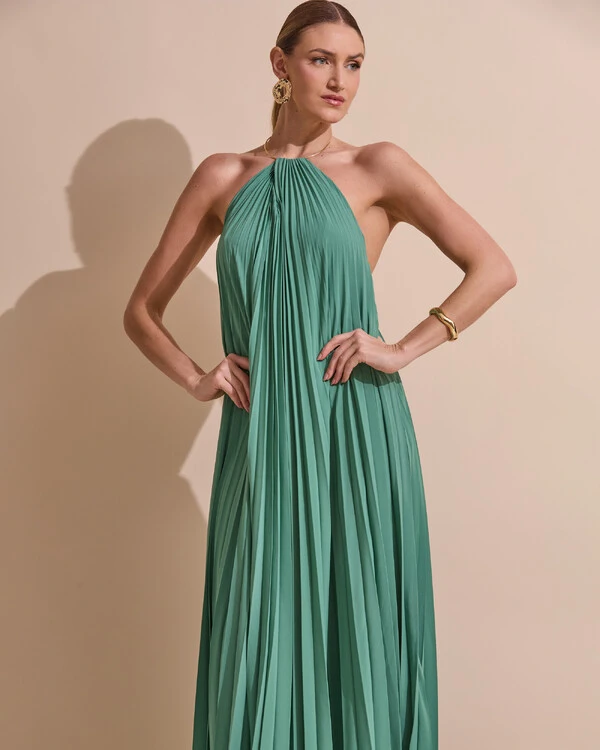 Vestido de Festa Longo Frente Única Plissado Crepe Chiffon Argola Verde Matcha Escuro