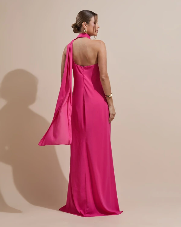 Vestido de Festa Longo Crepe Chiffon Um Ombro Só Drapeado Pink