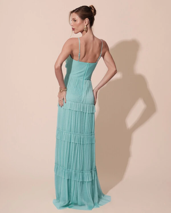 Vestido de Festa Longo Tule com Saia Babado Tiffany