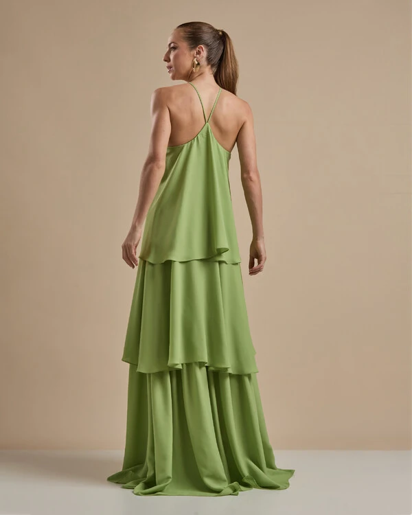 Vestido Longo Babado em Camadas Verde Garden