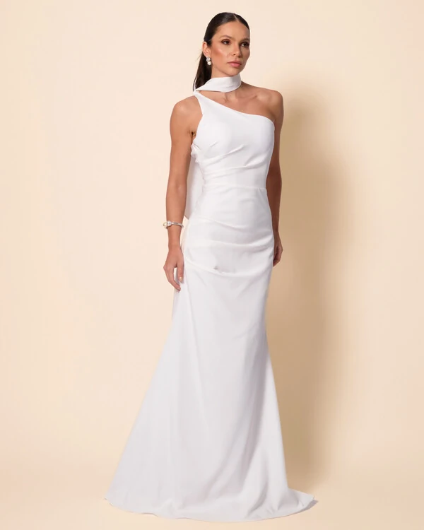 Vestido de Festa Longo Alafataria Um Ombro Só Detalhe Drapeado Branco