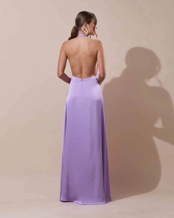 Vestido de Festa Longo Frente Única Degagê Cetim Fluido Lilás
