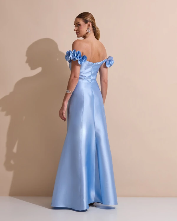 Vestido Longo de Festa Zibeline Ombro a Ombro com Flores e Fenda Serenity New
