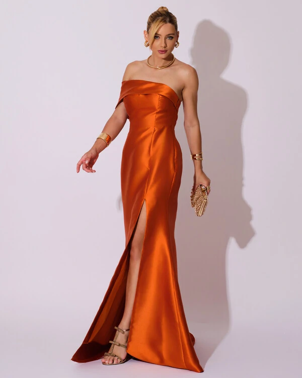 Vestido de Festa Zibeline com Faixa Ombro a Ombro Terracota