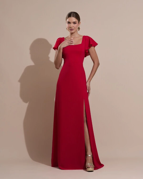 Vestido de Festa Longo Crepe Chiffon Manga Babado e Fenda Vermelho