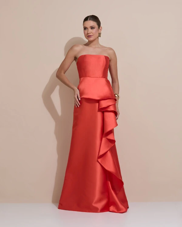 Vestido de Festa Longo Tomara que Caia Babado Cascata Laranja