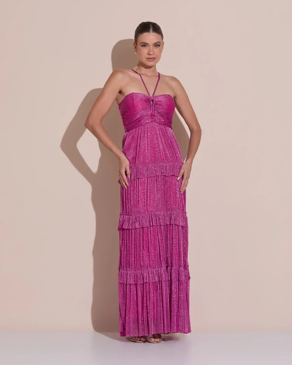 Vestido de Festa Longo Tule com Saia Babado Fúcsia