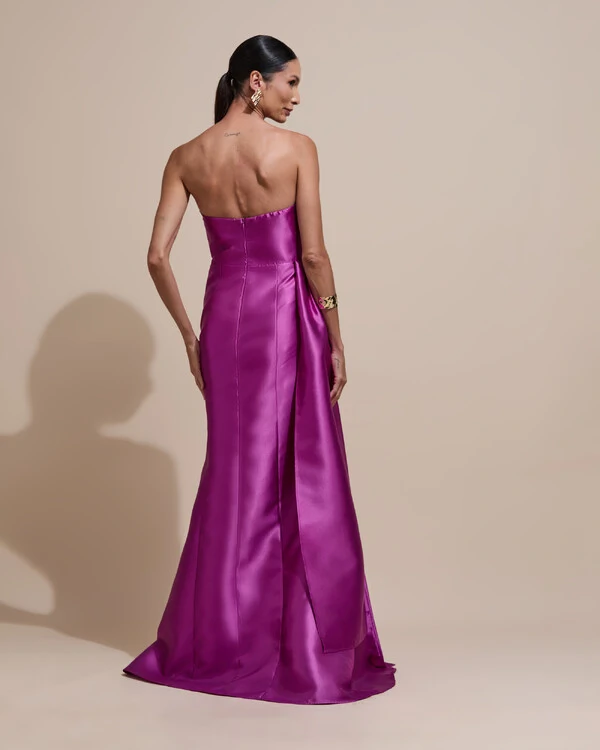 Vestido de Festa Longo Tomara que Caia Zibeline Drapeado e Faixa Fúcsia