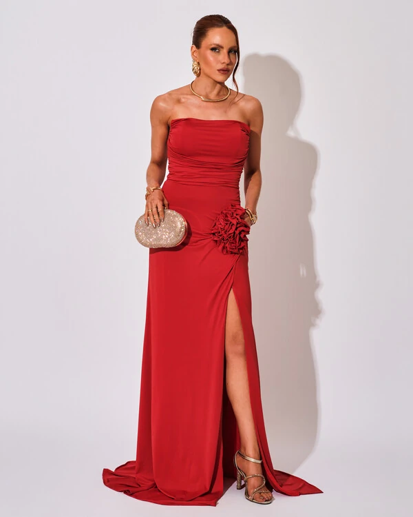 Vestido Longo Tomara que Caia Malha Fenda Vermelho Escuro