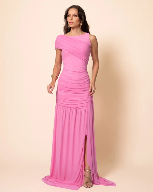 Vestido de Festa Longo Tule Faixa Detalhe Drapeado Rosa