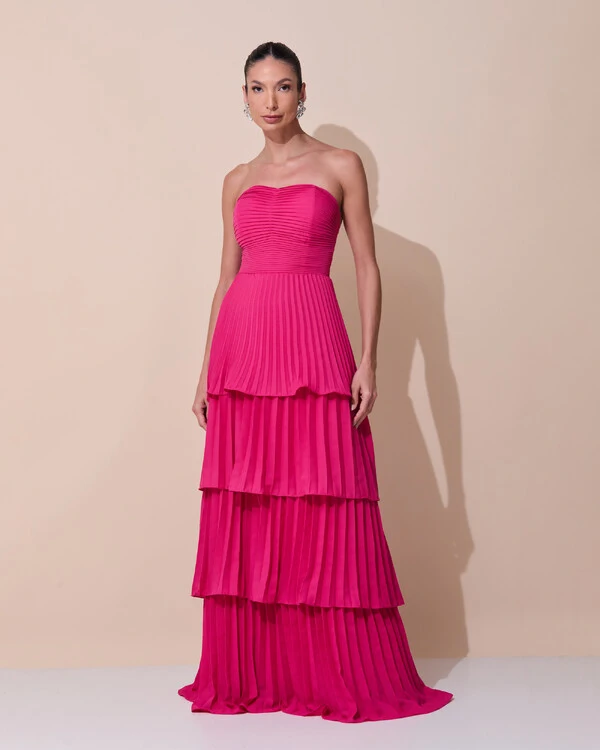 Vestido de Festa Longo Tomara que Caia Crepe Chiffon Plissado Camadas Pink Escuro