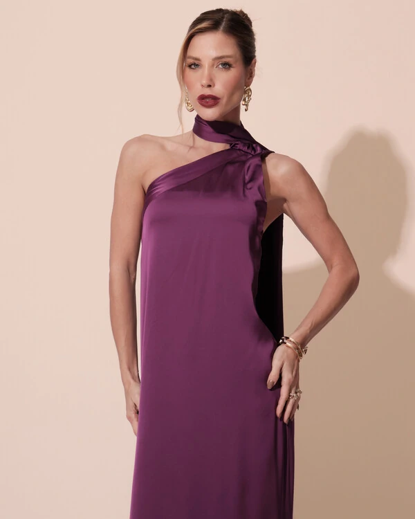 Vestido de Festa Longo Cetim Fluido Um Ombro Só Roxo