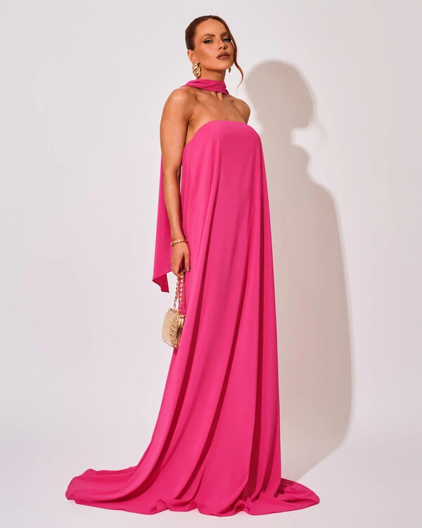 Vestido de Festa Longo Crepe Tomara que Caia com Lenço Pink