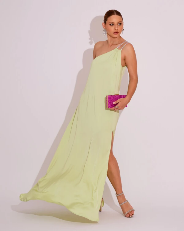Vestido de Festa Longo Cetim Um Ombro Só Verde Lima