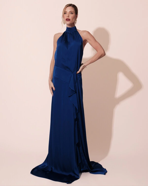 Vestido Longo de Festa Cetim Fluido Gola Alta e Babado Cascata Azul Royal New