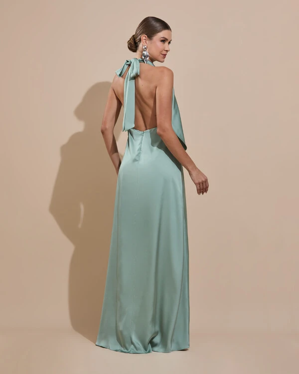 Vestido de Festa Longo Cetim Fluido Frente Única Degagê Mil Formas Verde Menta