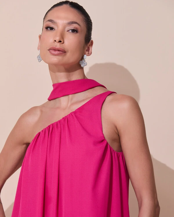 Vestido de Festa Longo Crepe Fluido um Ombro Só com Lenço Pink Escuro
