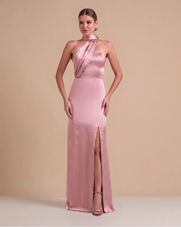 Vestido de Festa Longo Cetim Alfaiataria Tomara que Caia com Faixa Lenço Rose Gold