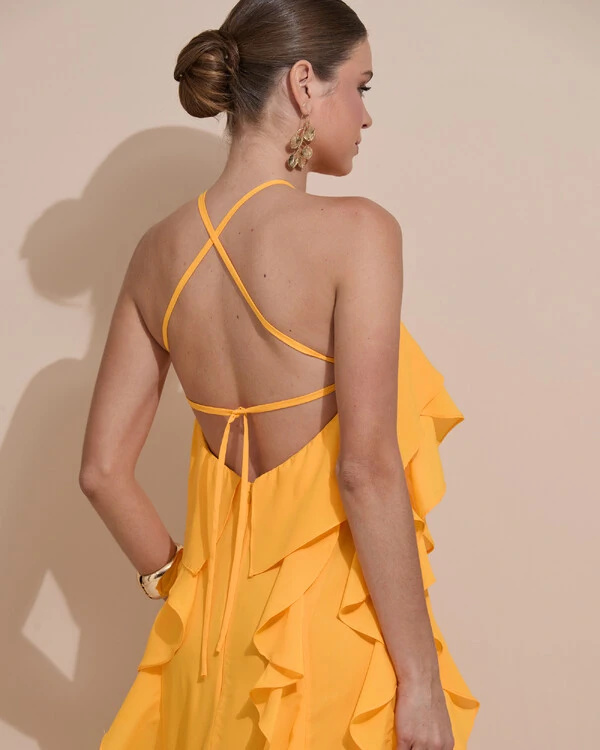 Vestido de Festa Longo Crepe Chiffon Frente Única Babados Cascata e Flor Laranja Manga New