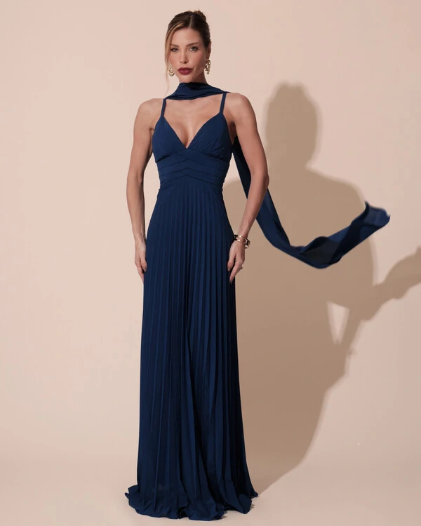 Vestido de Festa Longo Plissado Crepe Chiffon com Alça e Lenço Azul Marinho