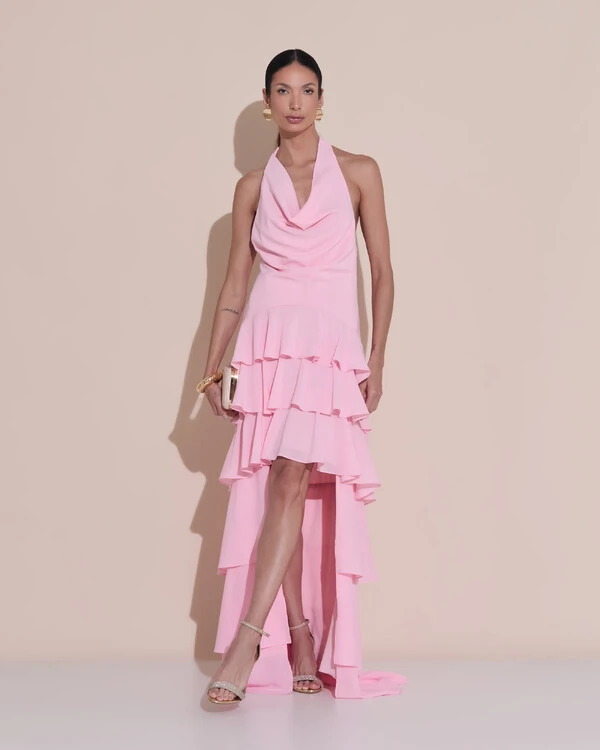 Vestido De Festa Longo Frente Única Degagê Crepe Chiffon Babados Mullet Rosa Claro