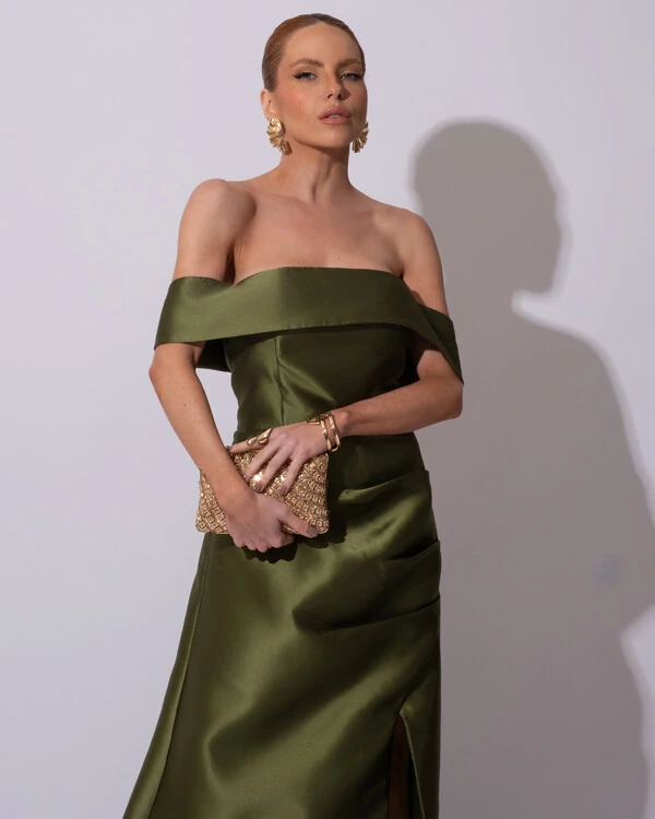 Vestido de Festa Longo Zibeline Ombro a Ombro Drapeado e Fenda Verde Oliva