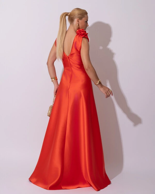 Vestido de Festa longo Zibeline Decote em V com Flores Removível Laranja