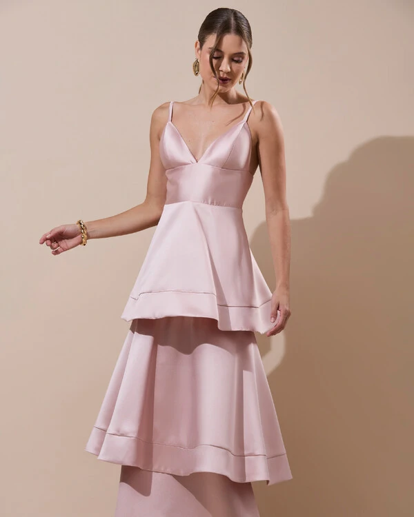 Vestido de Festa Longo Zibeline em Camadas Decote em V com Alças Rosa Nude