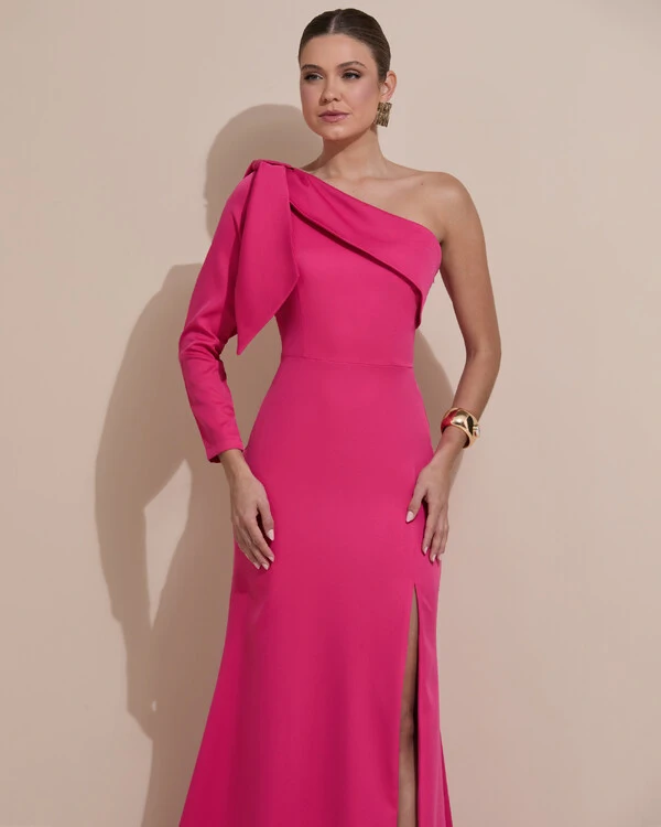 Vestido de Festa com Laço de Um Ombro em Alfaiataria Fenda Pink