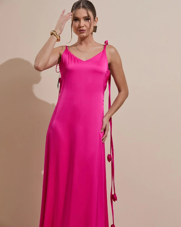 Vestido de Festa Longo Decote Degagê Costas Cetim Flores 3D Alças Pink